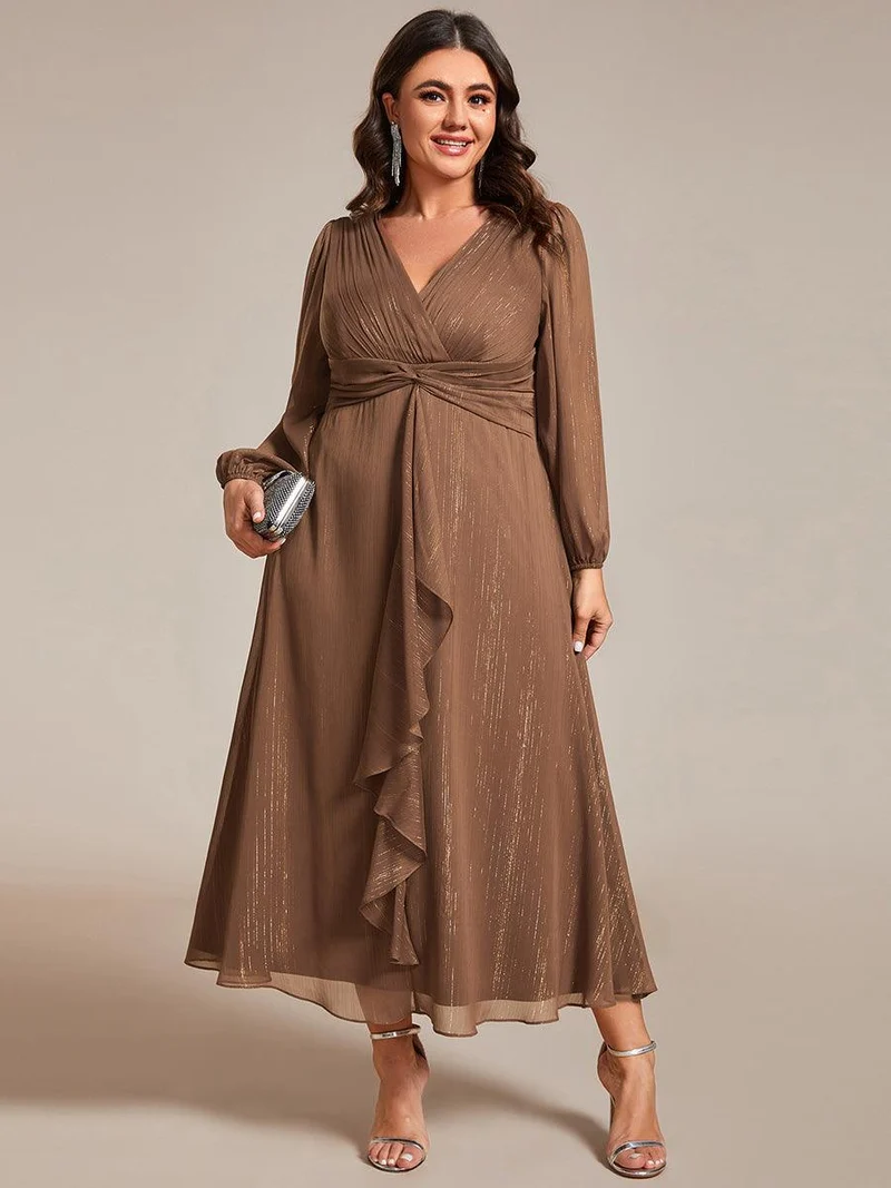 pretty EMBER|Robe de soirée grande taille trapèze scintillante à manches longues et col V en mousseline de soie torsadé(Vente finale)