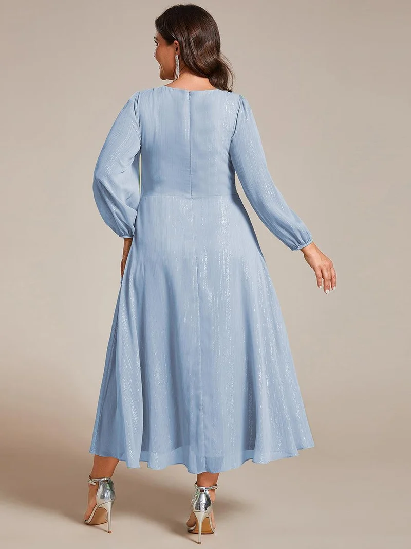 pretty EMBER|Robe de soirée grande taille trapèze scintillante à manches longues et col V en mousseline de soie torsadé(Vente finale)