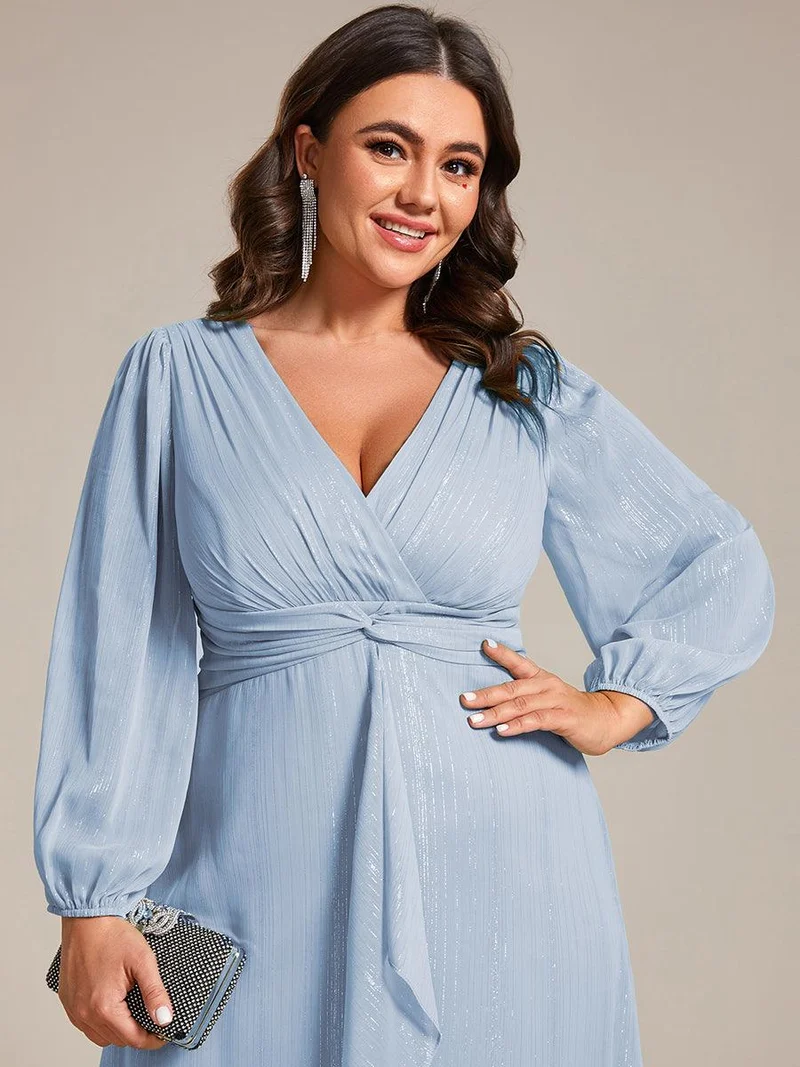 pretty EMBER|Robe de soirée grande taille trapèze scintillante à manches longues et col V en mousseline de soie torsadé(Vente finale)