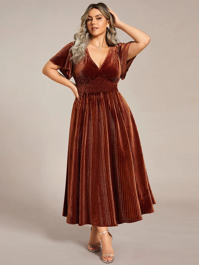 pretty AZALEA|Robe d'invité de mariage grande taille mi-longue en velours d'automne à manches courtes et col V