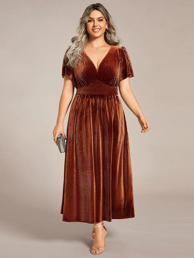 pretty AZALEA|Robe d'invité de mariage grande taille mi-longue en velours d'automne à manches courtes et col V