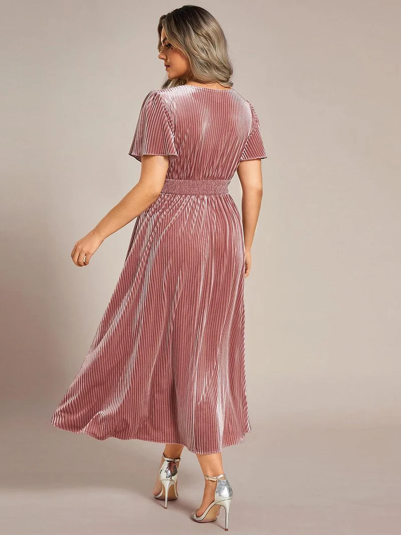 pretty AZALEA|Robe d'invité de mariage grande taille mi-longue en velours d'automne à manches courtes et col V