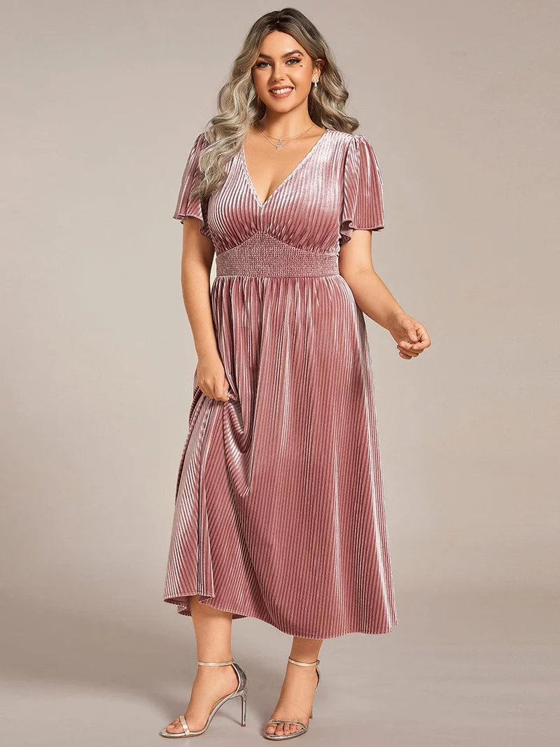 pretty AZALEA|Robe d'invité de mariage grande taille mi-longue en velours d'automne à manches courtes et col V