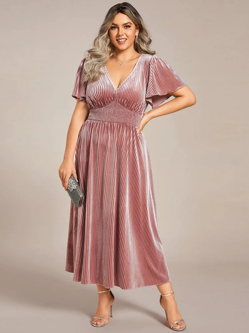 pretty AZALEA|Robe d'invité de mariage grande taille mi-longue en velours d'automne à manches courtes et col V