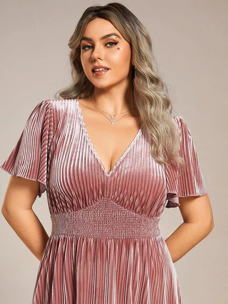 pretty AZALEA|Robe d'invité de mariage grande taille mi-longue en velours d'automne à manches courtes et col V