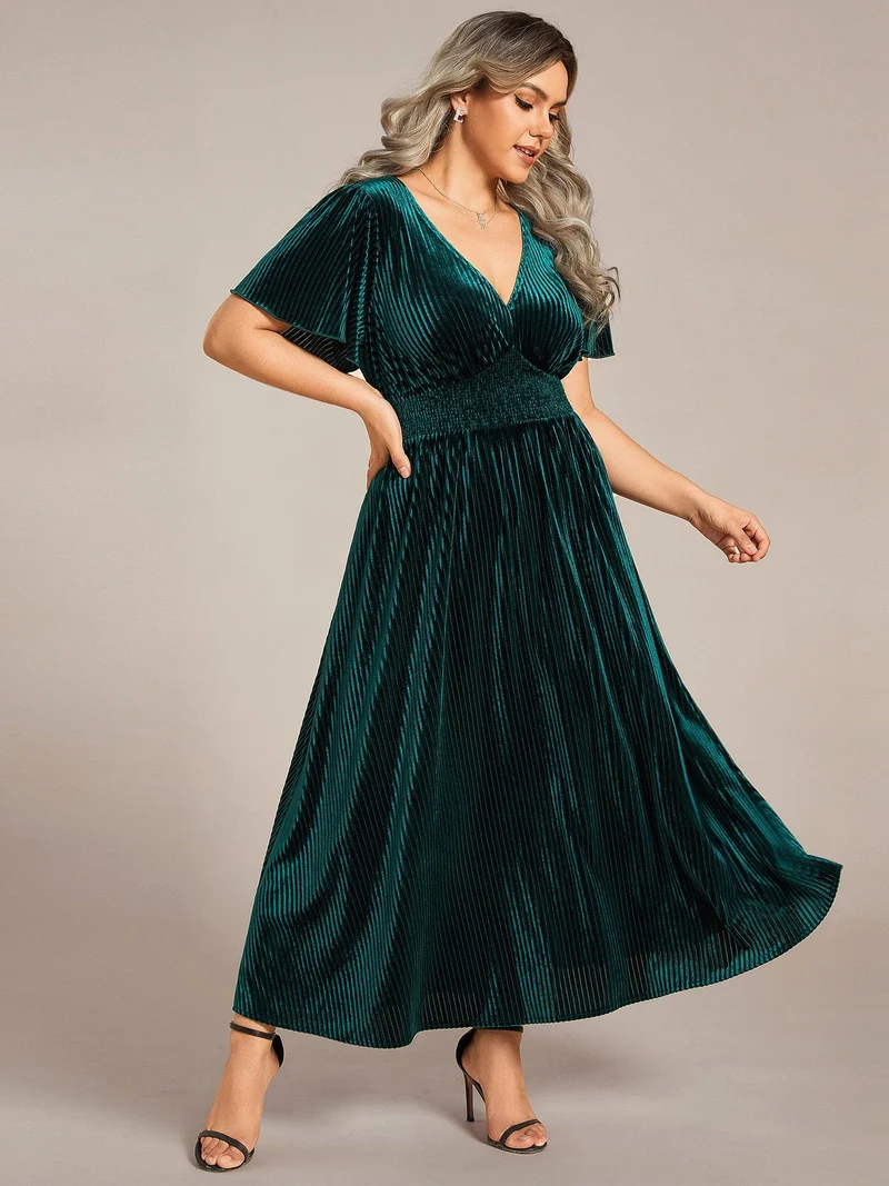 pretty AZALEA|Robe d'invité de mariage grande taille mi-longue en velours d'automne à manches courtes et col V