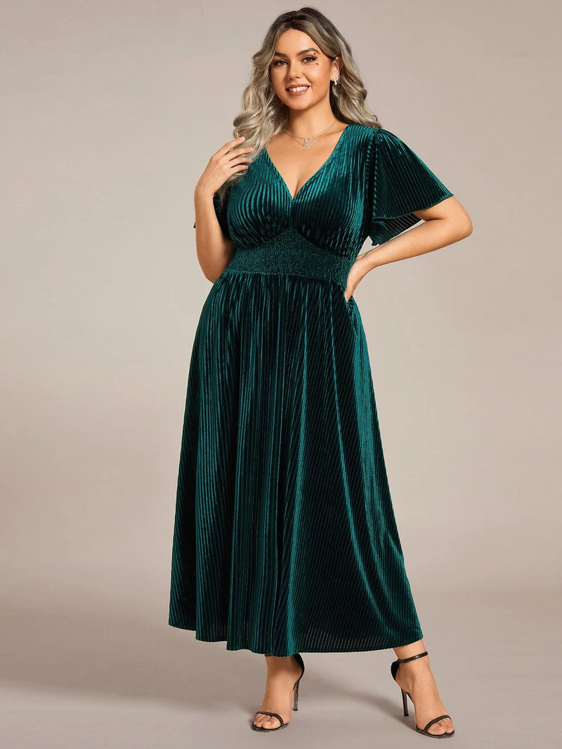 pretty AZALEA|Robe d'invité de mariage grande taille mi-longue en velours d'automne à manches courtes et col V