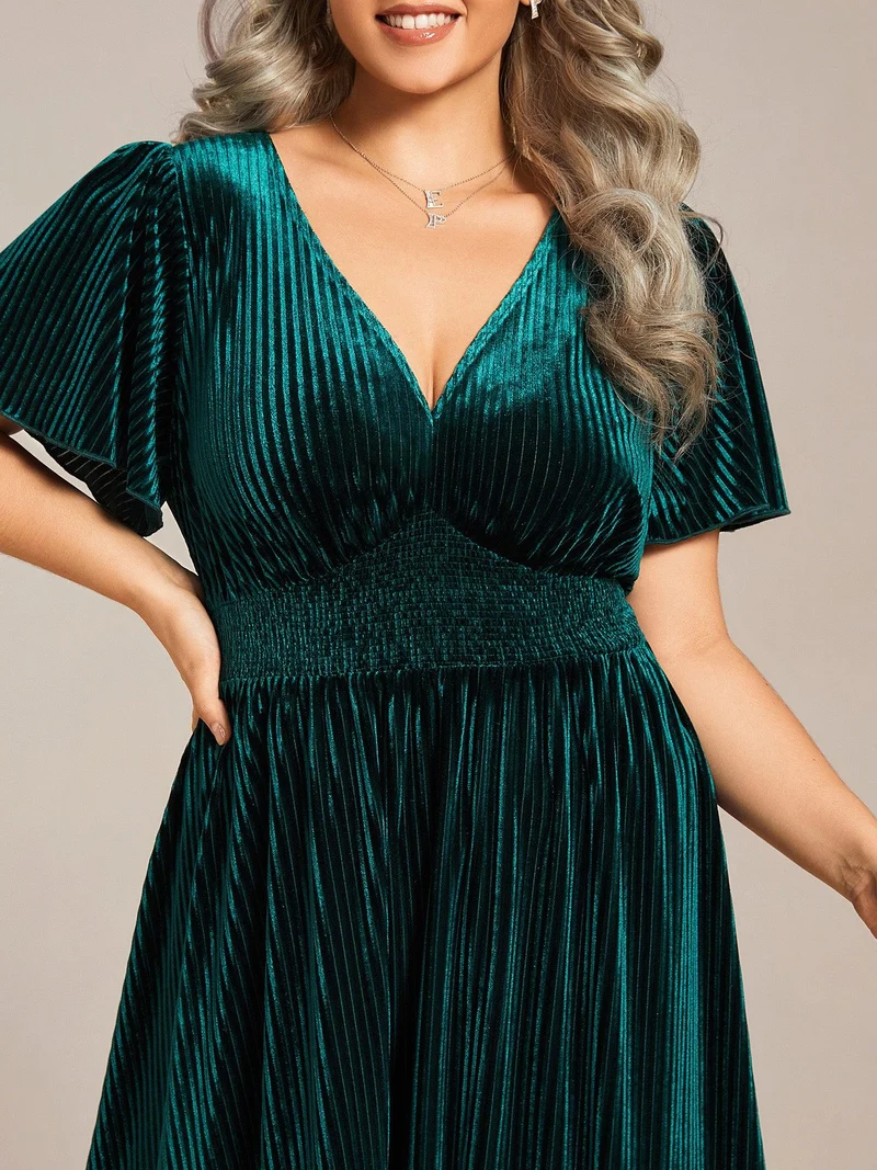pretty AZALEA|Robe d'invité de mariage grande taille mi-longue en velours d'automne à manches courtes et col V