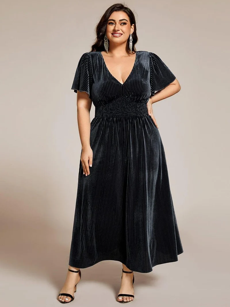 pretty AZALEA|Robe d'invité de mariage grande taille mi-longue en velours d'automne à manches courtes et col V