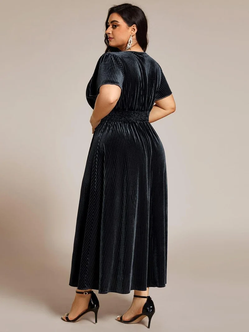 pretty AZALEA|Robe d'invité de mariage grande taille mi-longue en velours d'automne à manches courtes et col V