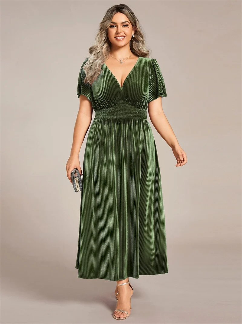 pretty AZALEA|Robe d'invité de mariage grande taille mi-longue en velours d'automne à manches courtes et col V