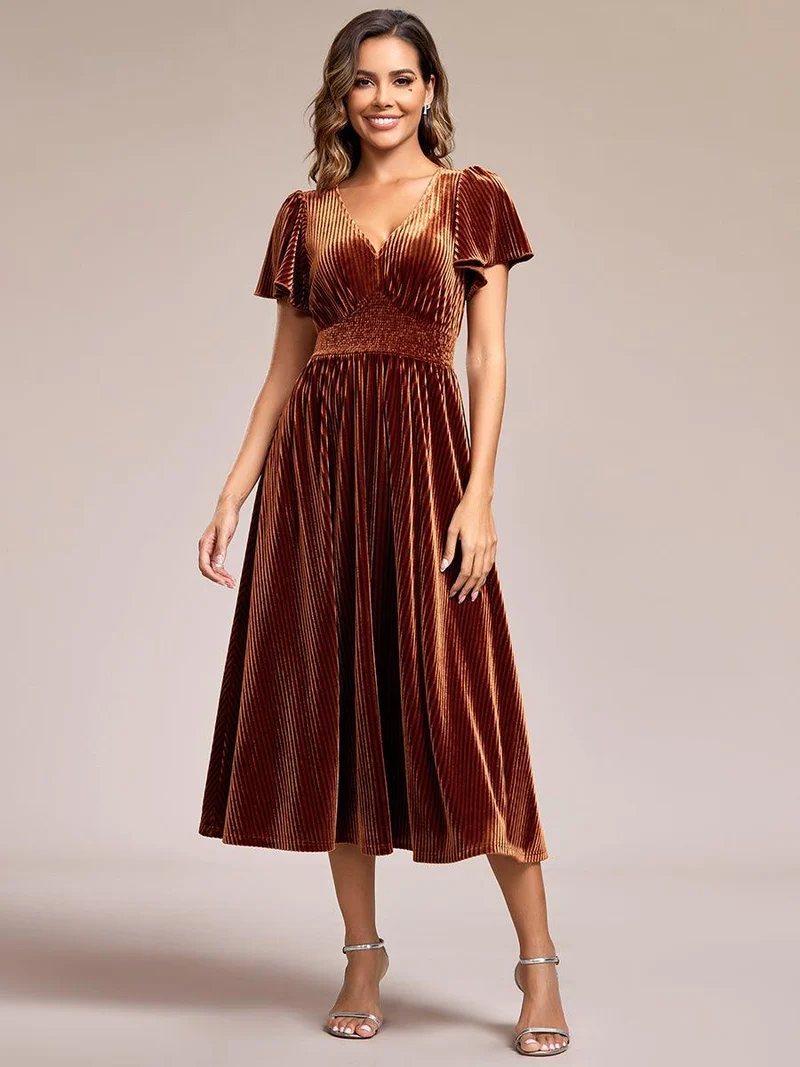 ever AZALEA|Robe invitée mariage mi-longue en velours d'automne à manches courtes et col en V gracieux
