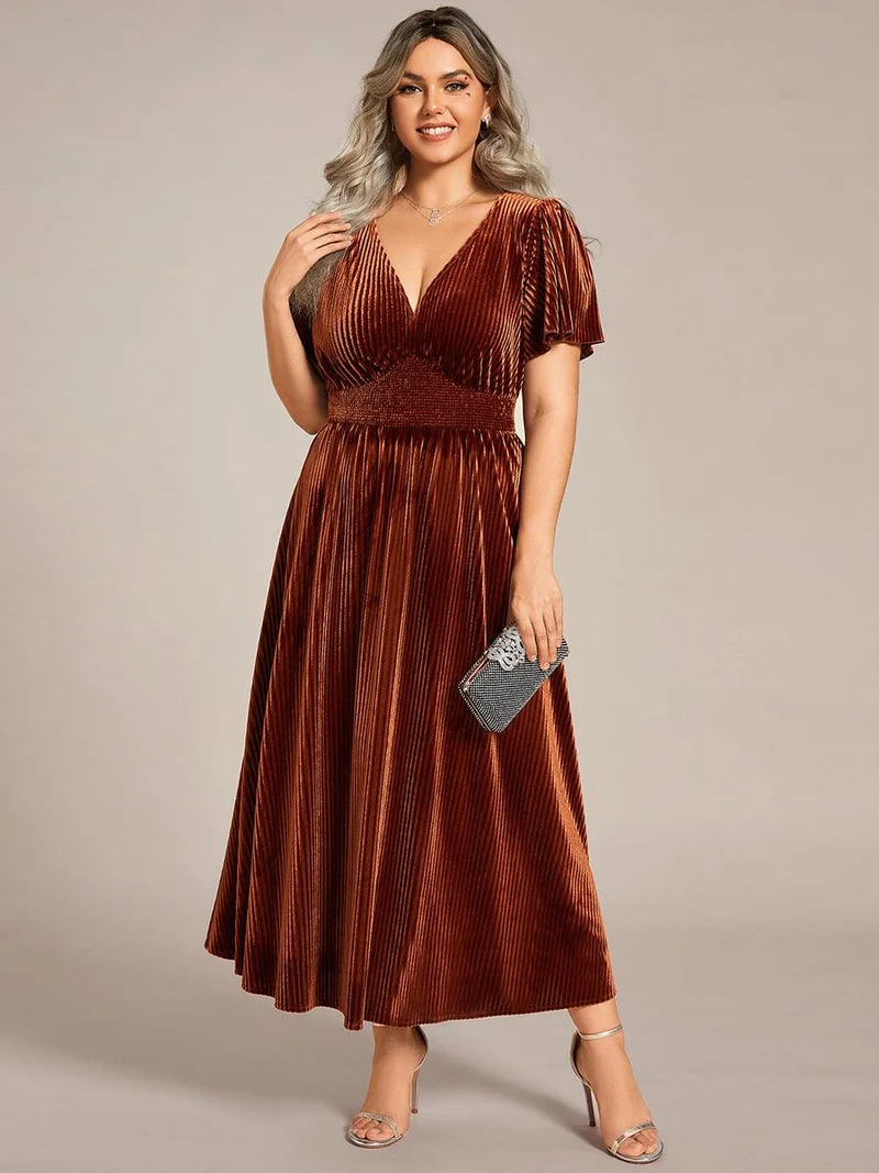 ever AZALEA|Robe invitée mariage mi-longue en velours d'automne à manches courtes et col en V gracieux