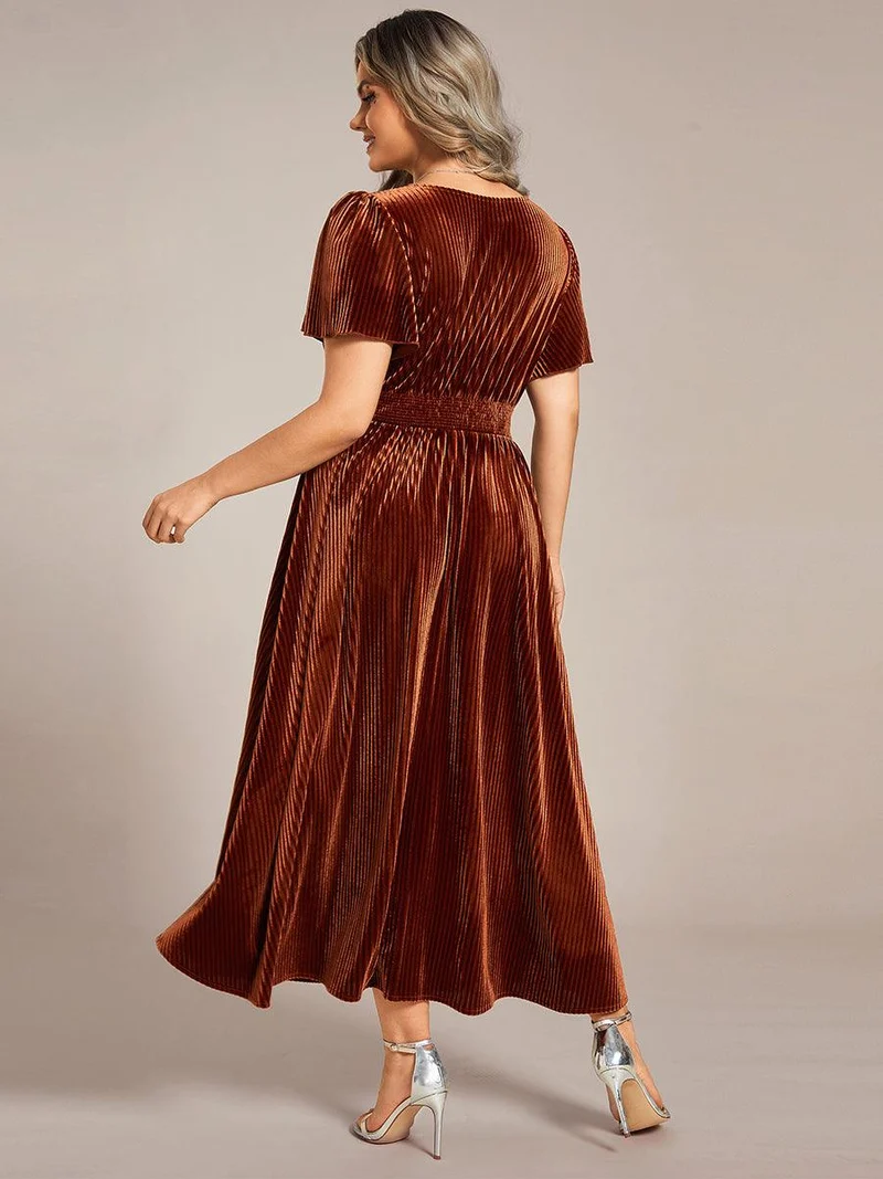 ever AZALEA|Robe invitée mariage mi-longue en velours d'automne à manches courtes et col en V gracieux