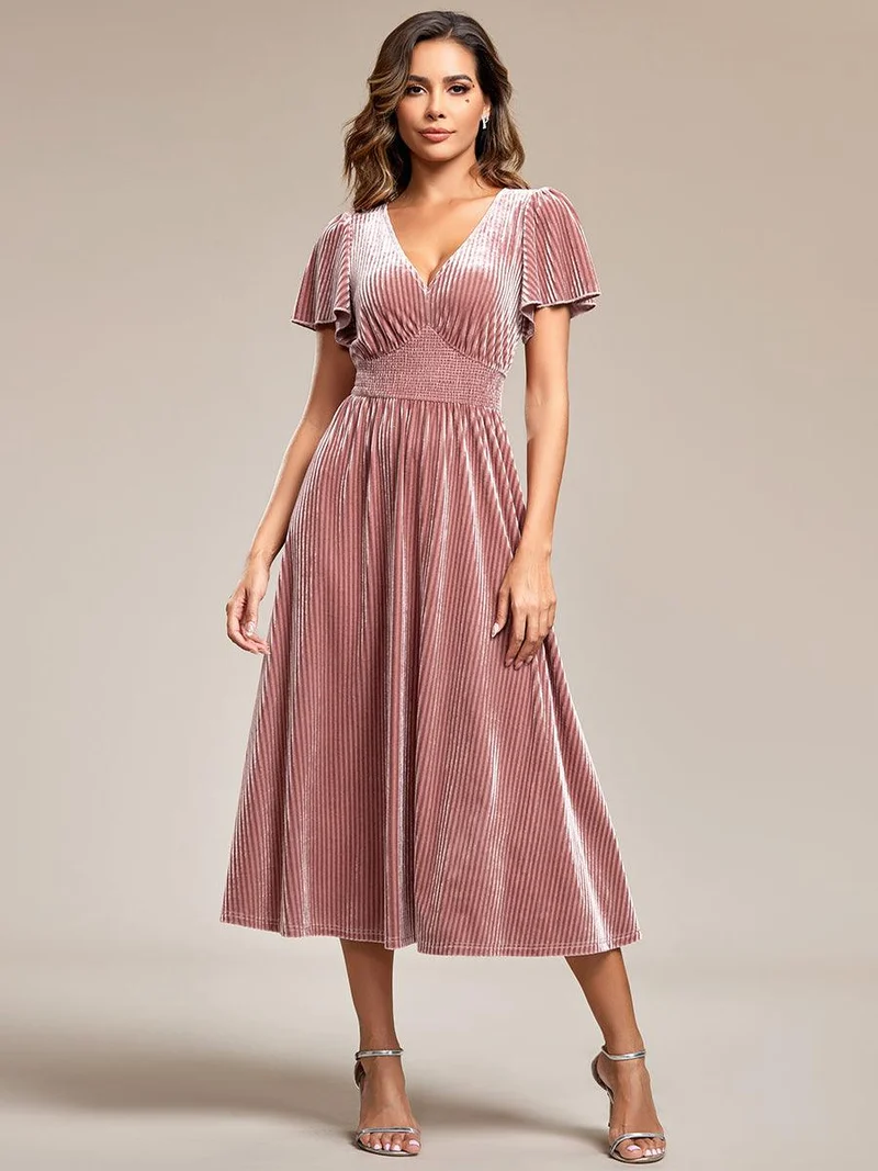 ever AZALEA|Robe invitée mariage mi-longue en velours d'automne à manches courtes et col en V gracieux