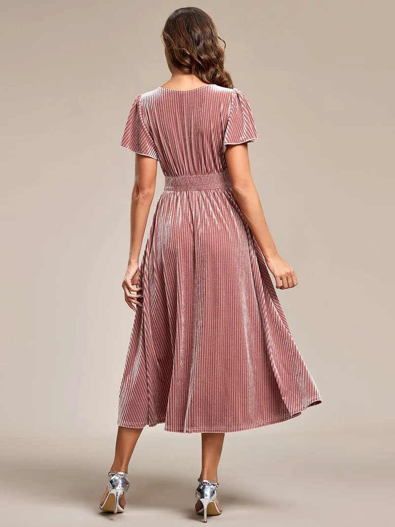 ever AZALEA|Robe invitée mariage mi-longue en velours d'automne à manches courtes et col en V gracieux