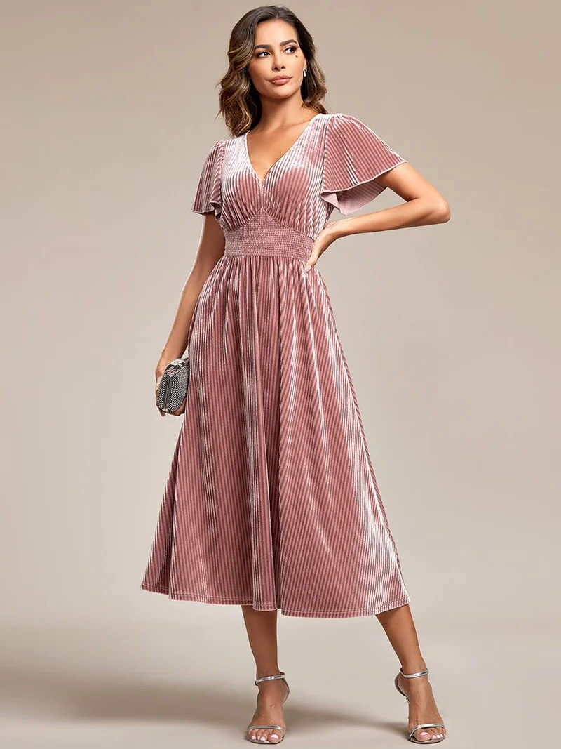 ever AZALEA|Robe invitée mariage mi-longue en velours d'automne à manches courtes et col en V gracieux