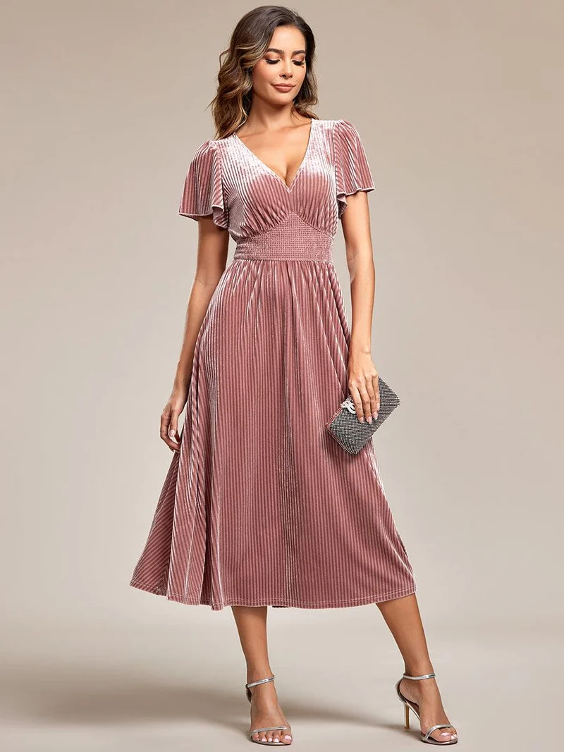 ever AZALEA|Robe invitée mariage mi-longue en velours d'automne à manches courtes et col en V gracieux