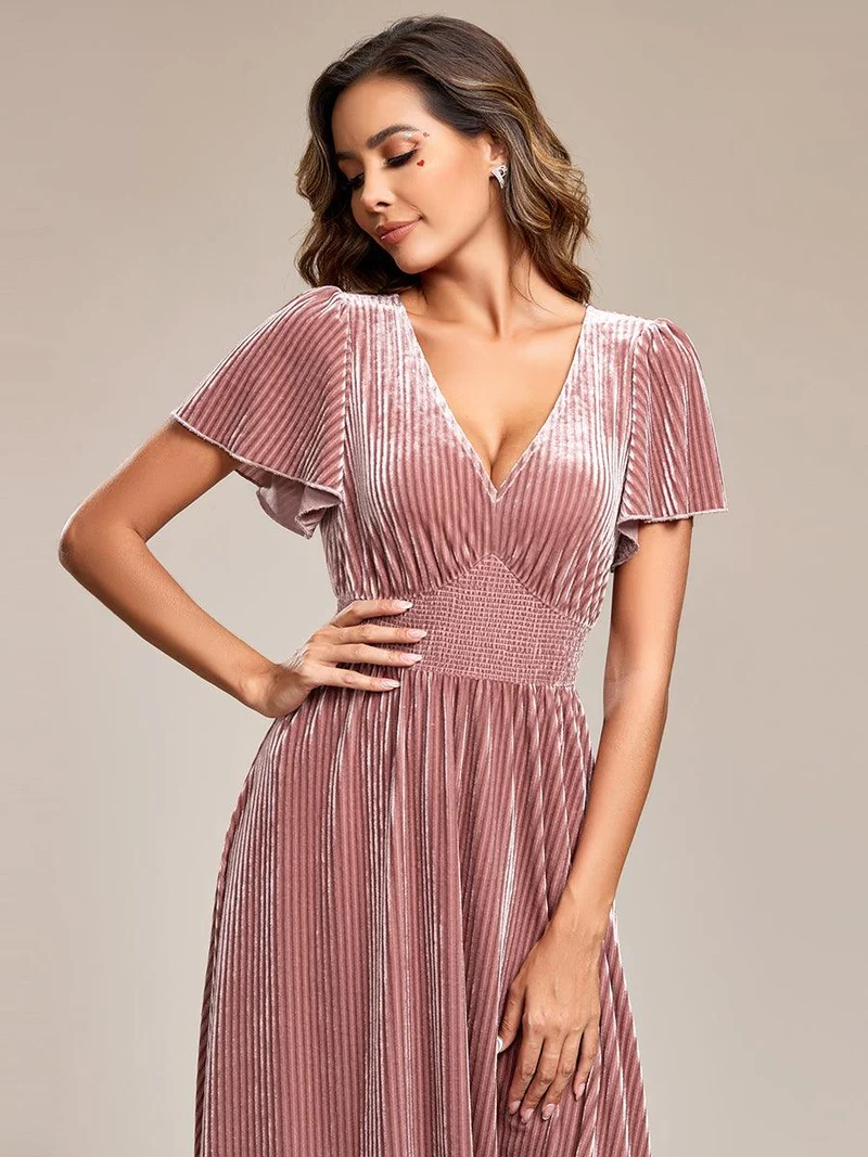 ever AZALEA|Robe invitée mariage mi-longue en velours d'automne à manches courtes et col en V gracieux