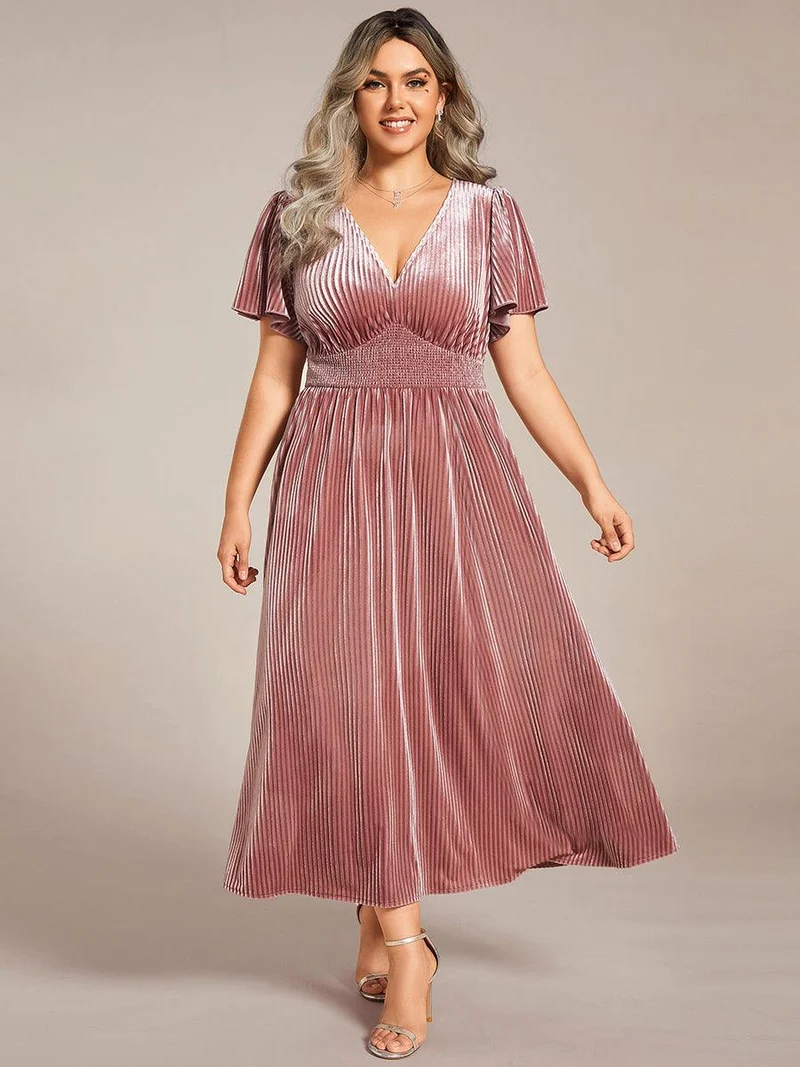 ever AZALEA|Robe invitée mariage mi-longue en velours d'automne à manches courtes et col en V gracieux
