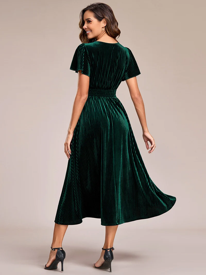 ever AZALEA|Robe invitée mariage mi-longue en velours d'automne à manches courtes et col en V gracieux