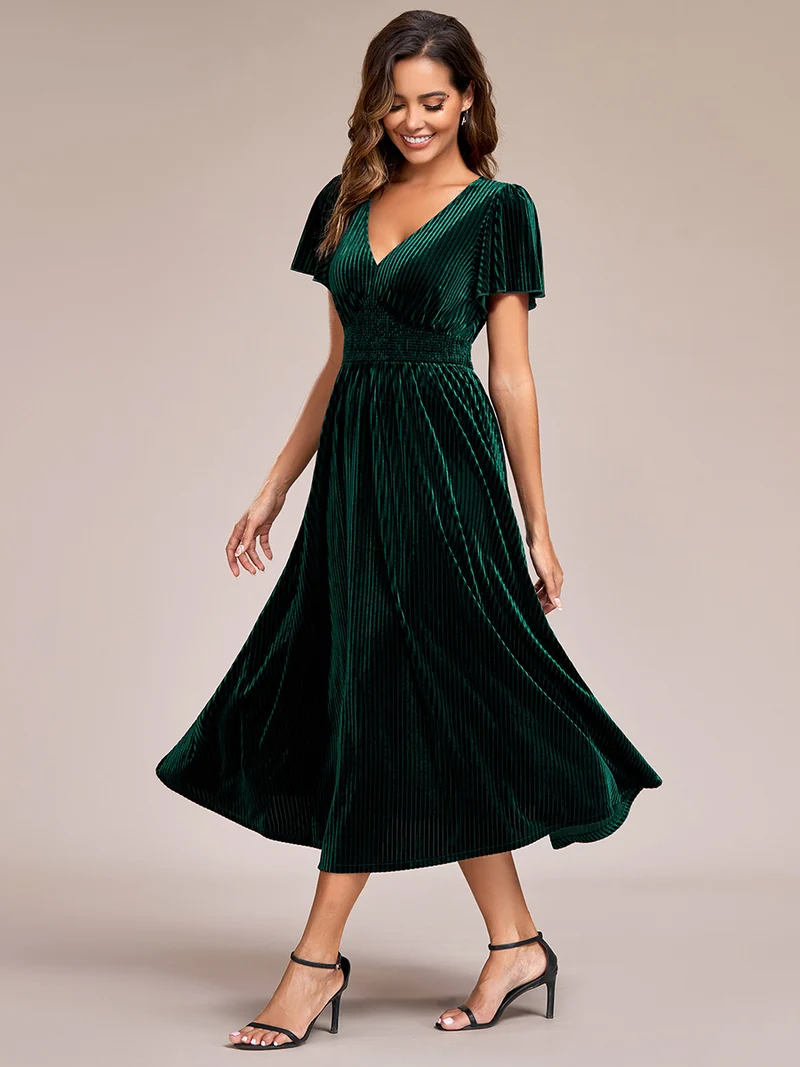 ever AZALEA|Robe invitée mariage mi-longue en velours d'automne à manches courtes et col en V gracieux