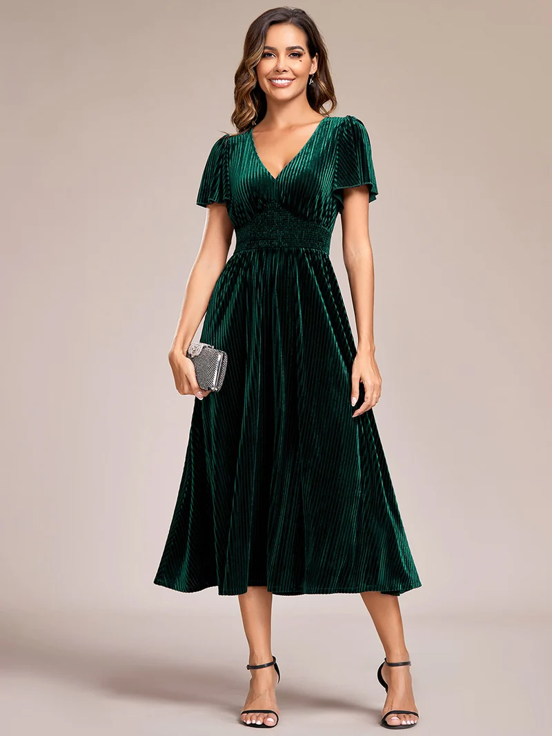 ever AZALEA|Robe invitée mariage mi-longue en velours d'automne à manches courtes et col en V gracieux