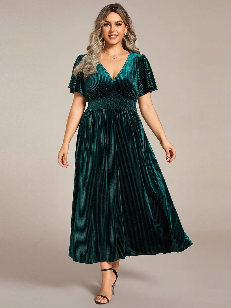 ever AZALEA|Robe invitée mariage mi-longue en velours d'automne à manches courtes et col en V gracieux