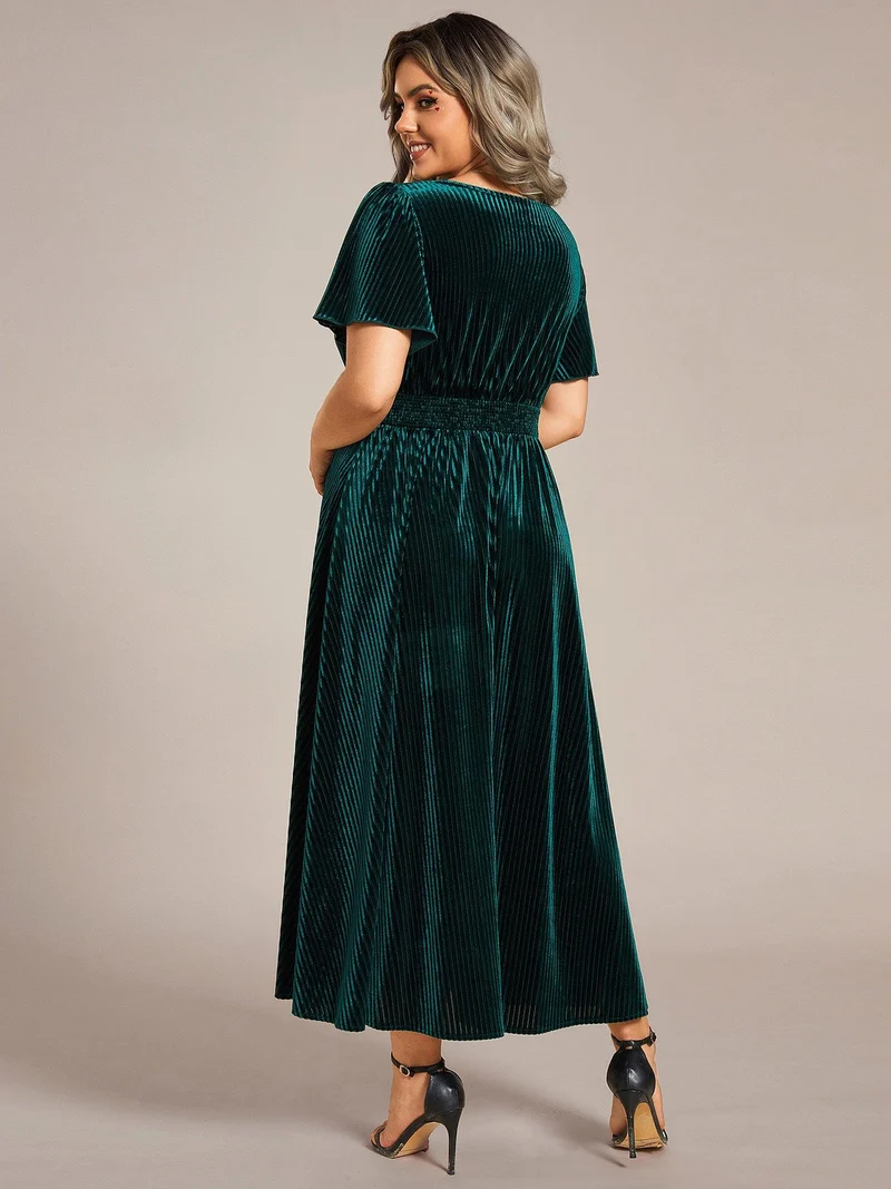 ever AZALEA|Robe invitée mariage mi-longue en velours d'automne à manches courtes et col en V gracieux