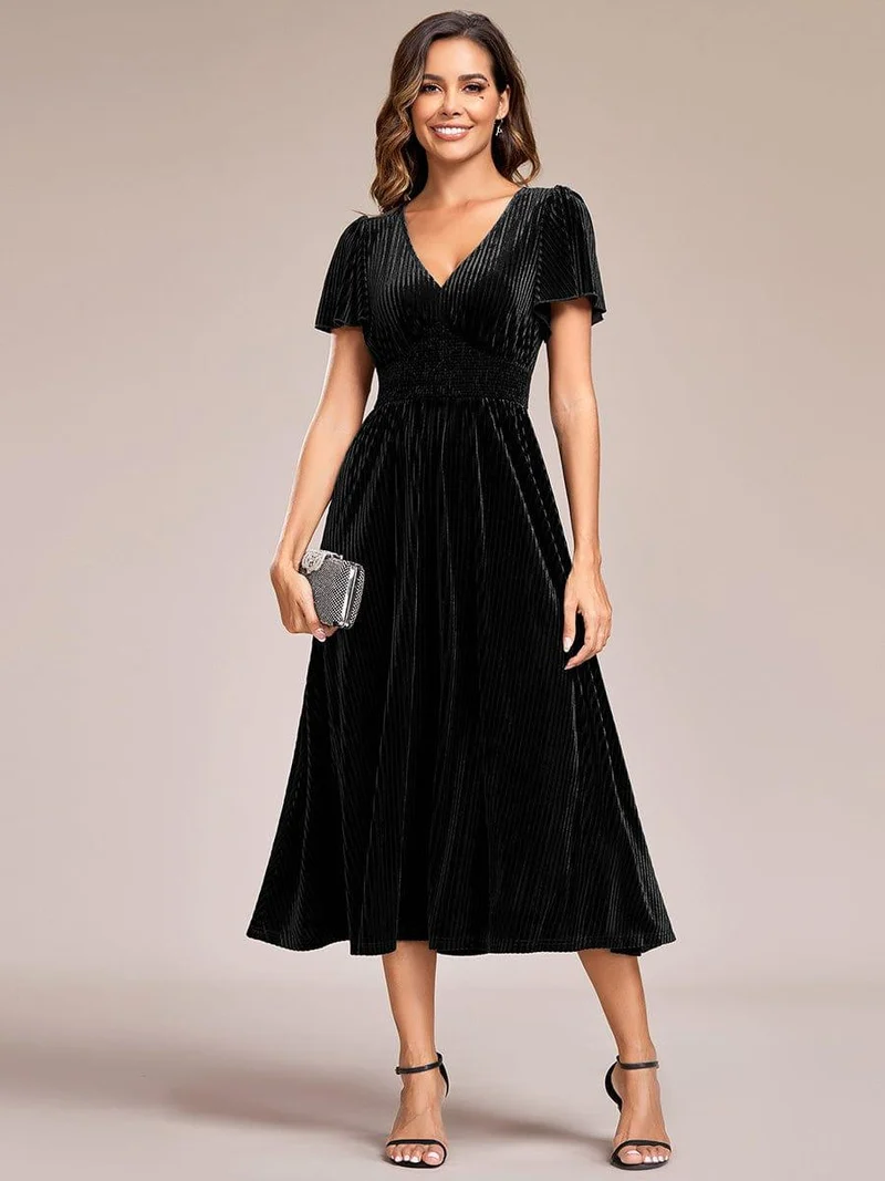 ever AZALEA|Robe invitée mariage mi-longue en velours d'automne à manches courtes et col en V gracieux