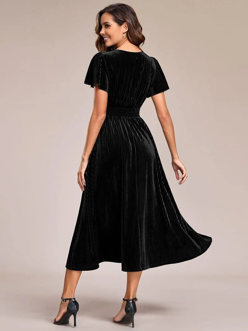 ever AZALEA|Robe invitée mariage mi-longue en velours d'automne à manches courtes et col en V gracieux