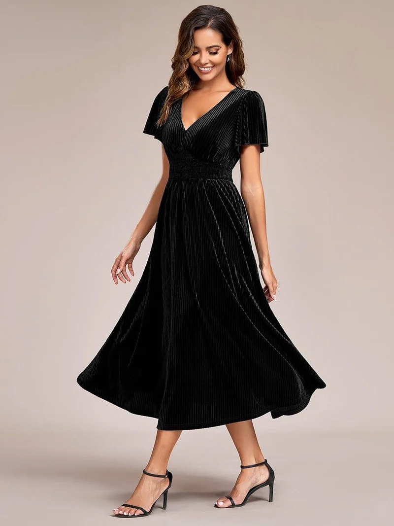 ever AZALEA|Robe invitée mariage mi-longue en velours d'automne à manches courtes et col en V gracieux