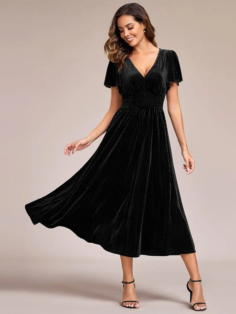 ever AZALEA|Robe invitée mariage mi-longue en velours d'automne à manches courtes et col en V gracieux