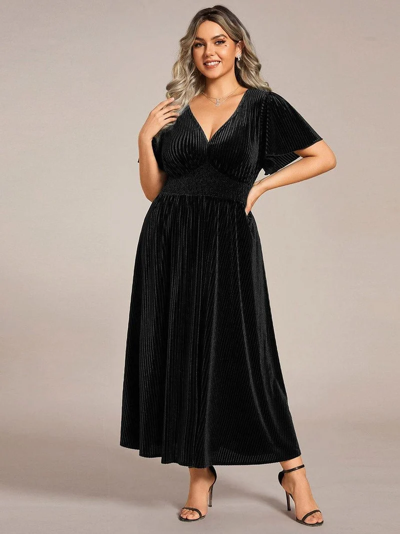 ever AZALEA|Robe invitée mariage mi-longue en velours d'automne à manches courtes et col en V gracieux