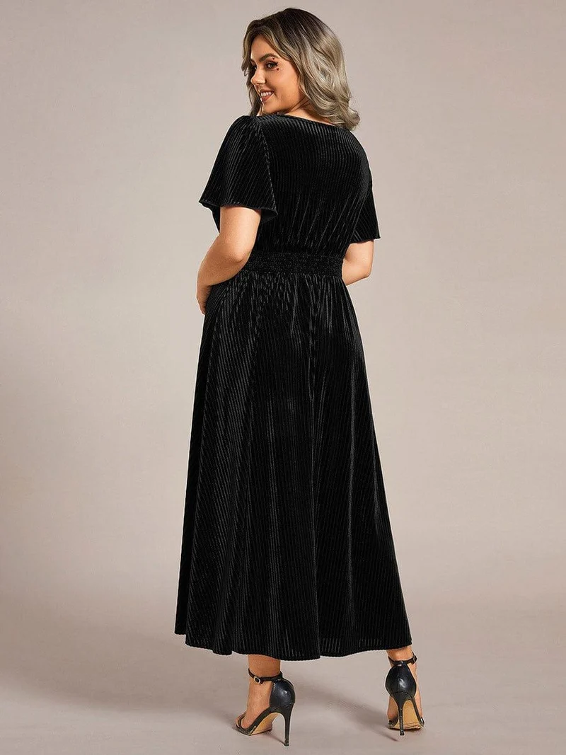 ever AZALEA|Robe invitée mariage mi-longue en velours d'automne à manches courtes et col en V gracieux