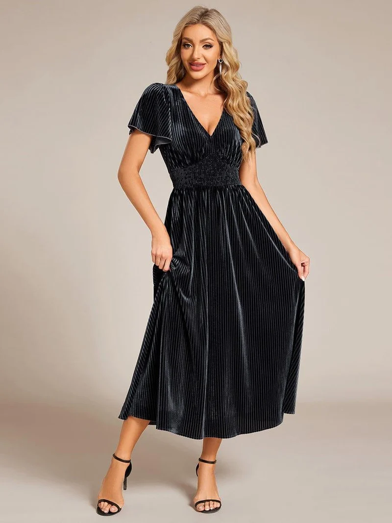 ever AZALEA|Robe invitée mariage mi-longue en velours d'automne à manches courtes et col en V gracieux