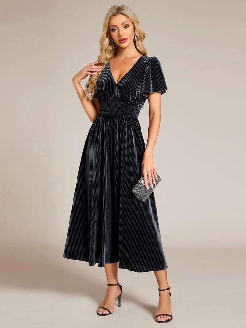 ever AZALEA|Robe invitée mariage mi-longue en velours d'automne à manches courtes et col en V gracieux