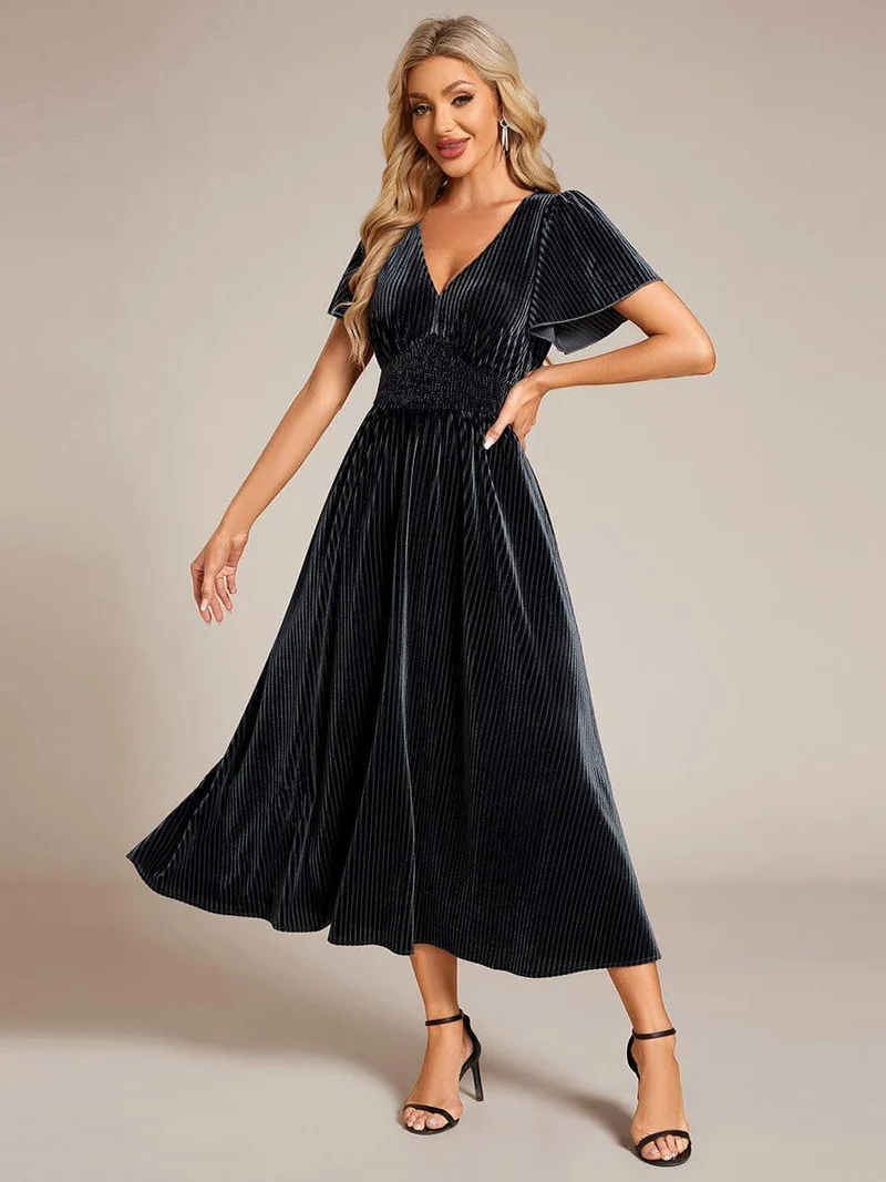 ever AZALEA|Robe invitée mariage mi-longue en velours d'automne à manches courtes et col en V gracieux