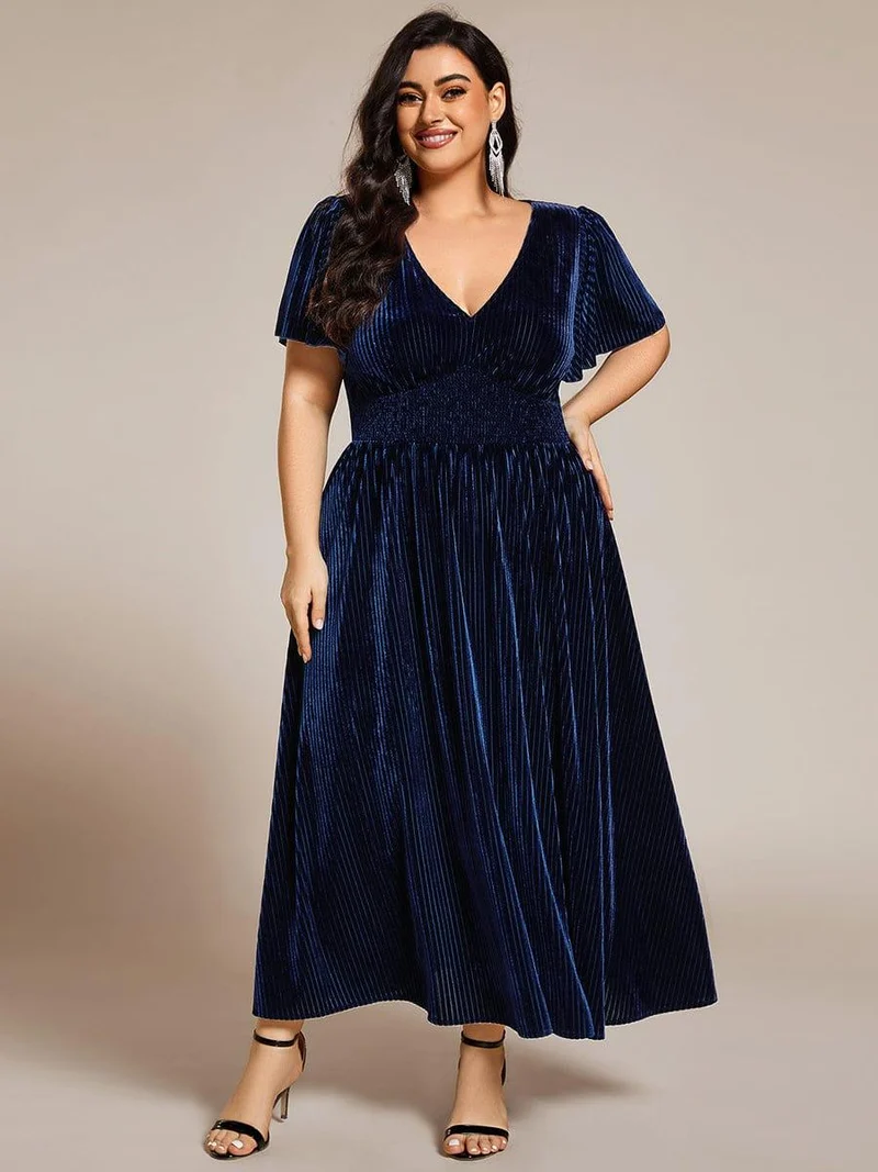 ever AZALEA|Robe invitée mariage mi-longue en velours d'automne à manches courtes et col en V gracieux