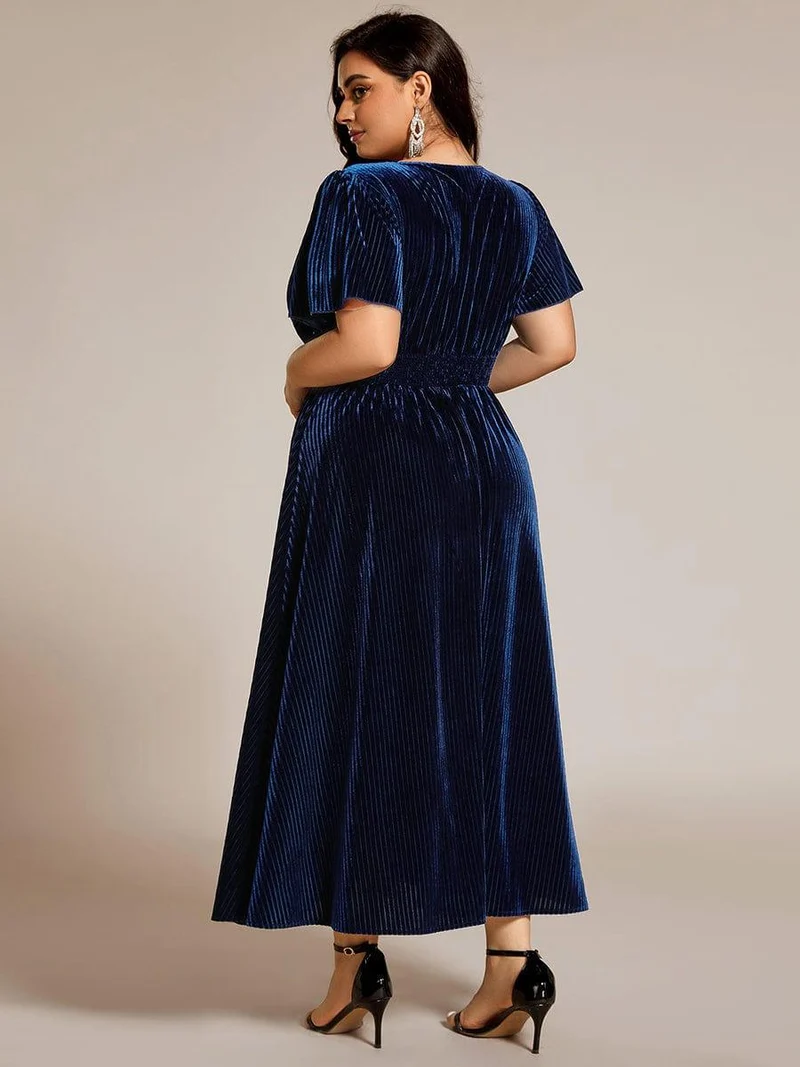 ever AZALEA|Robe invitée mariage mi-longue en velours d'automne à manches courtes et col en V gracieux