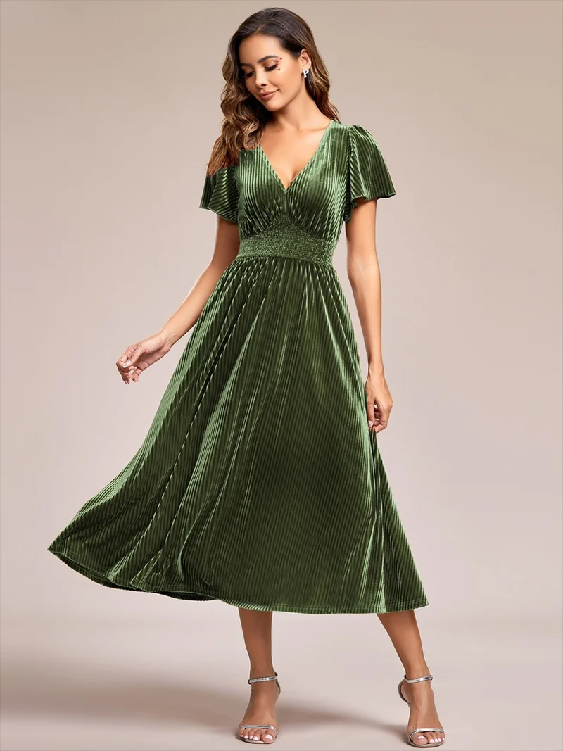 ever AZALEA|Robe invitée mariage mi-longue en velours d'automne à manches courtes et col en V gracieux