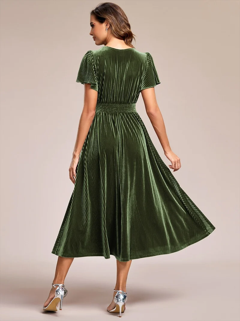 ever AZALEA|Robe invitée mariage mi-longue en velours d'automne à manches courtes et col en V gracieux