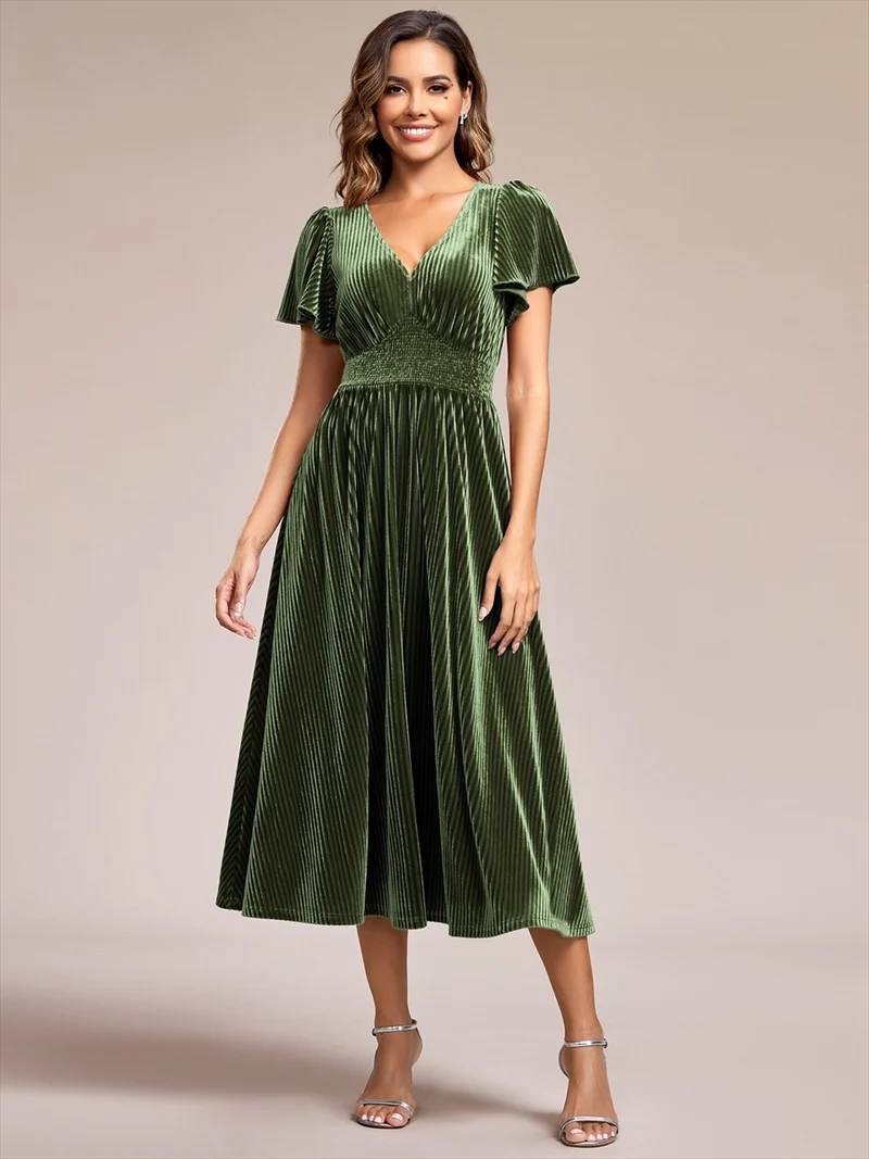 ever AZALEA|Robe invitée mariage mi-longue en velours d'automne à manches courtes et col en V gracieux