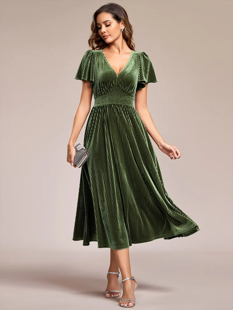 ever AZALEA|Robe invitée mariage mi-longue en velours d'automne à manches courtes et col en V gracieux