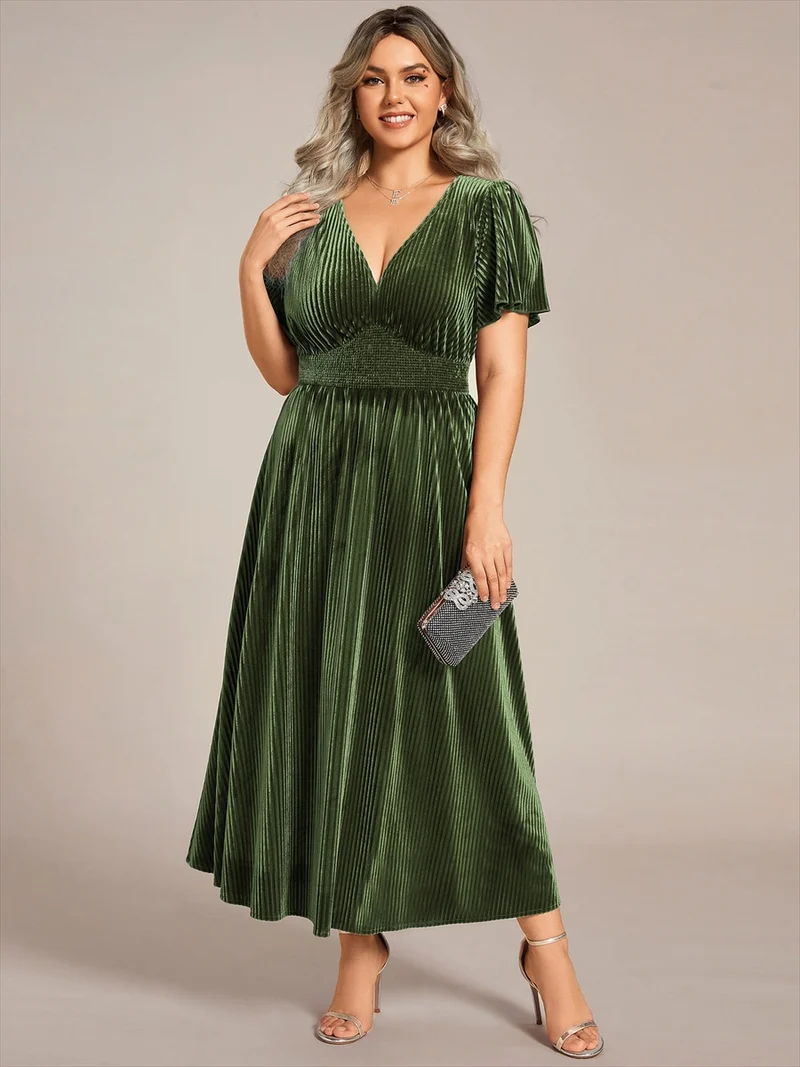 ever AZALEA|Robe invitée mariage mi-longue en velours d'automne à manches courtes et col en V gracieux