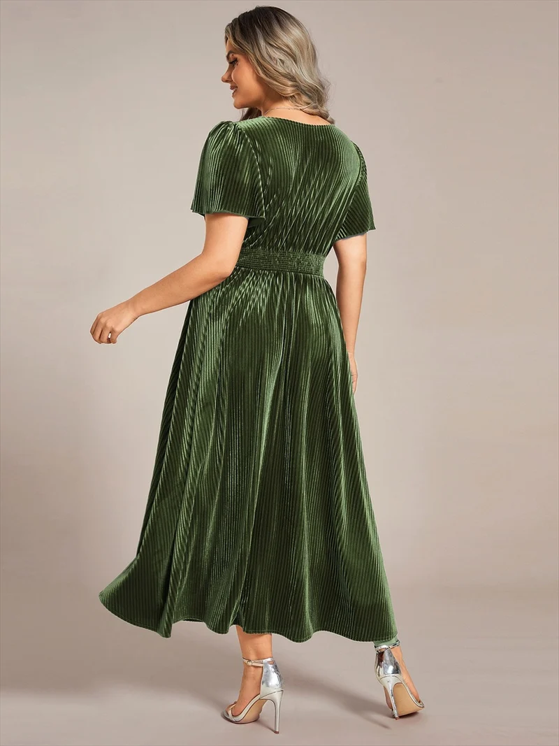 ever AZALEA|Robe invitée mariage mi-longue en velours d'automne à manches courtes et col en V gracieux
