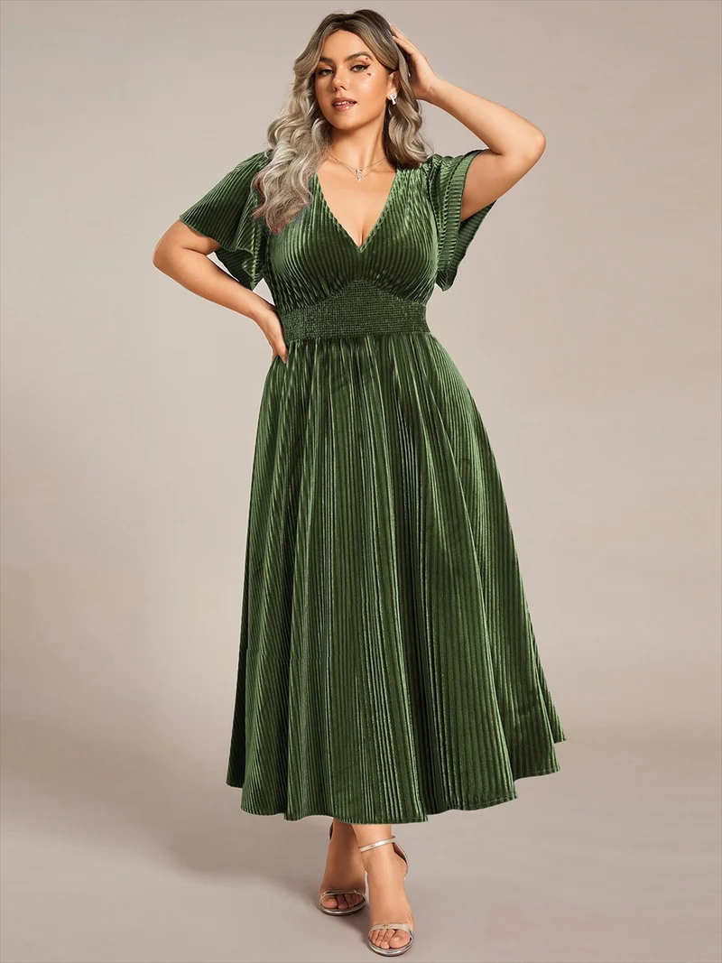 ever AZALEA|Robe invitée mariage mi-longue en velours d'automne à manches courtes et col en V gracieux