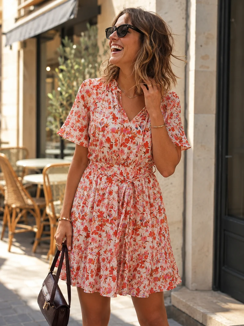Robe Courte Fleurie Rose