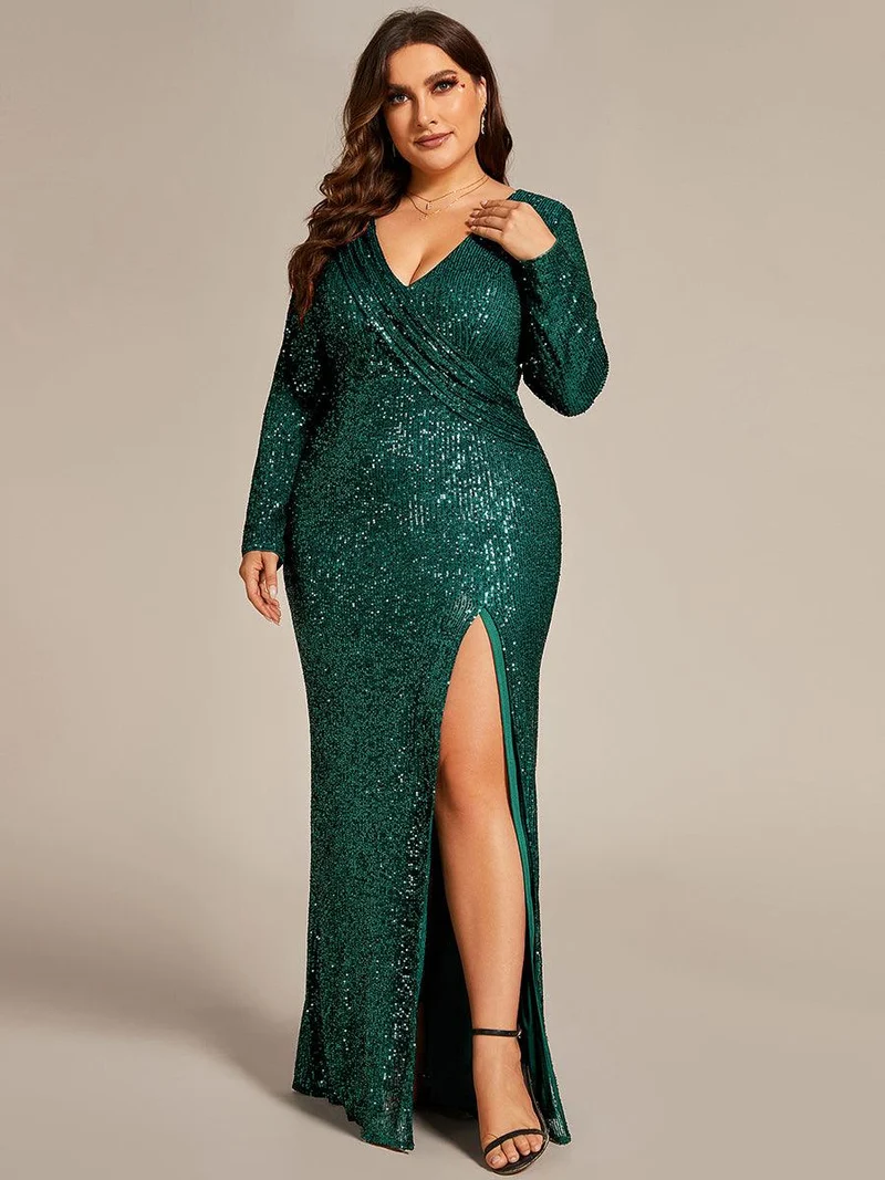 Robe de soirée fendue à la hauteur des cuisses manches longues col en V sequins scintillants