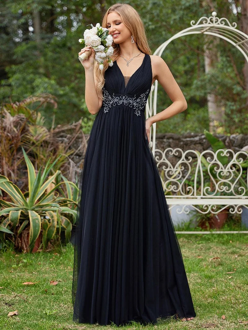 Robe de demoiselle d'honneur trapèze élégante sans manches à col en V